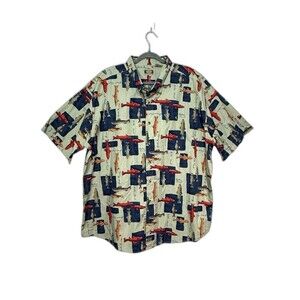 Global GPS Tracking Fish Print Button‎ Down Shirt 2XL Gorpcore Outdoors AOP